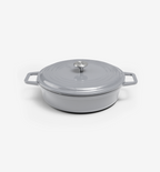 Grey enameled cast iron shallow casserole dish with lid and dual handles