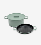 Sage green cast iron Dutch oven with lid and matching grill pan set