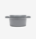 Grey enameled cast iron Dutch oven with lid and dual handles