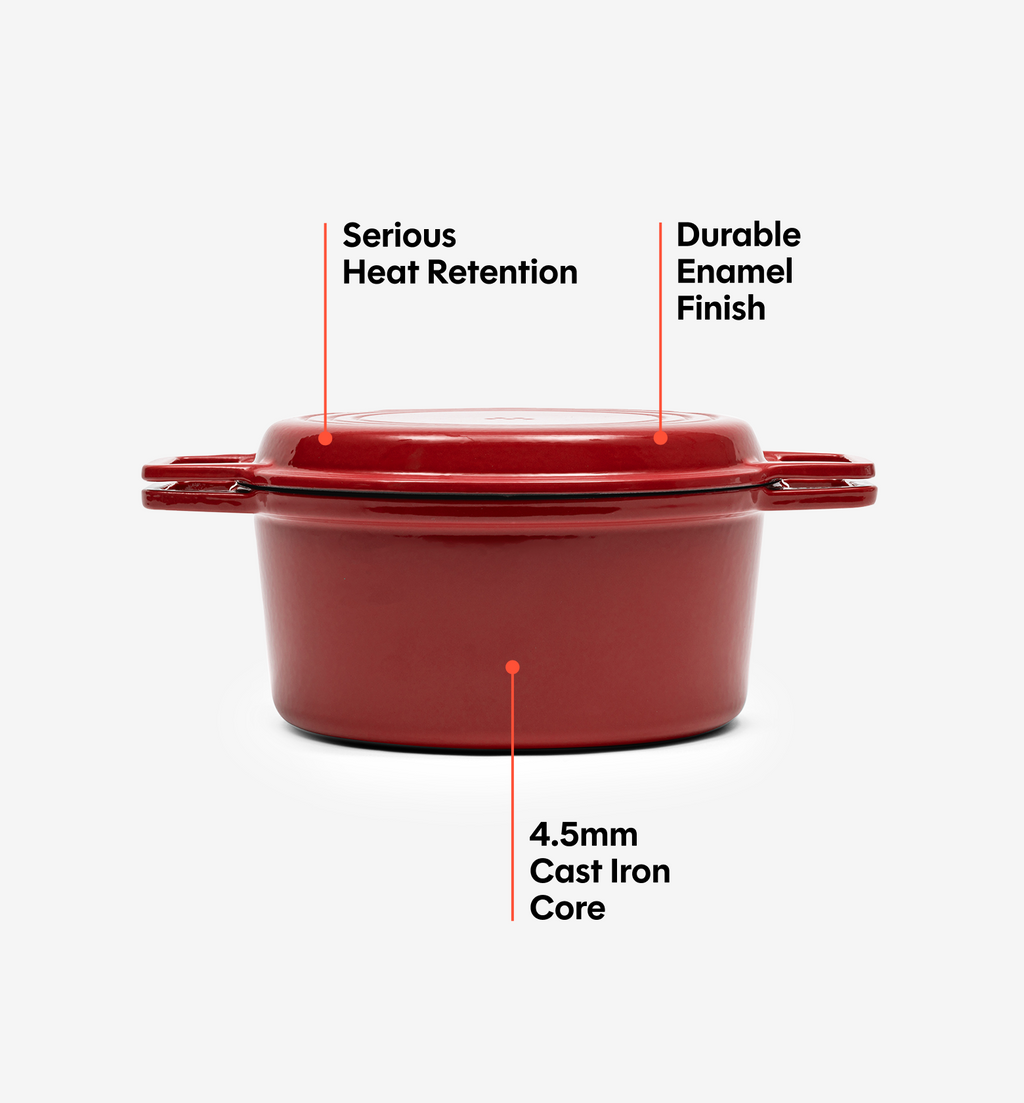 7 QT Enamel Cast-Iron Dutch Oven - Grill Lid - Red - Final Sale