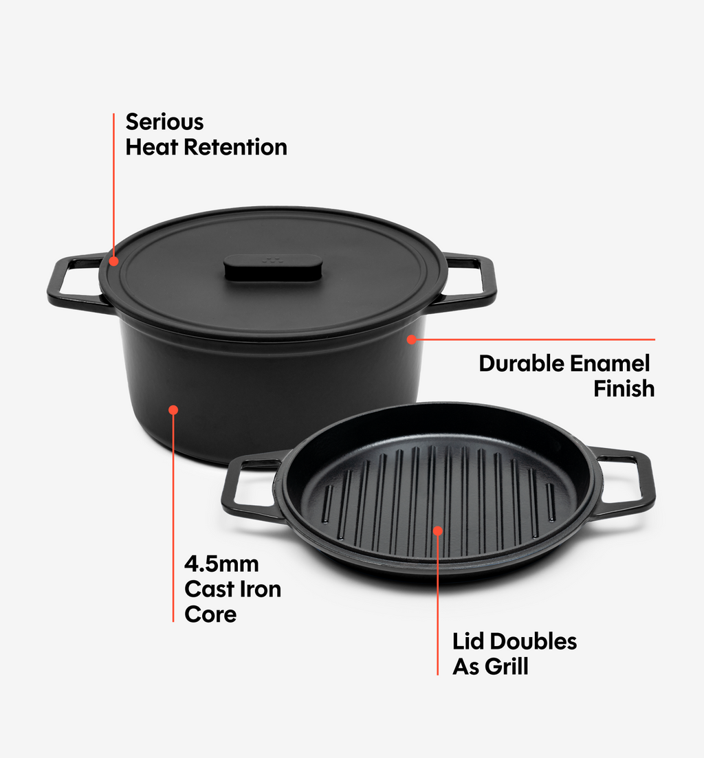 7 QT Enamel Cast-Iron Dutch Oven - Grill & Silicone Lid - Black - Final Sale