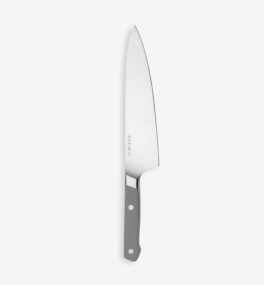 Misen 8-inch chef's knife with polished stainless steel blade and gray handle