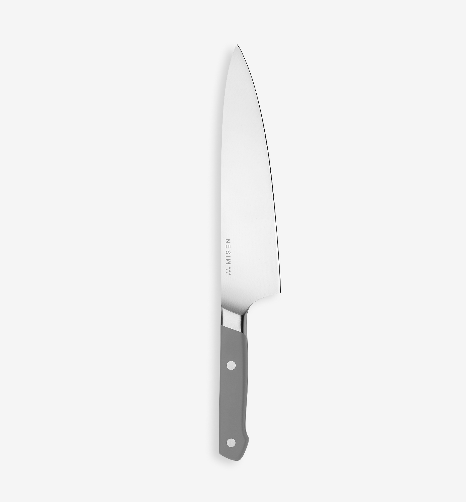Misen 8-inch chef's knife with polished stainless steel blade and gray handle