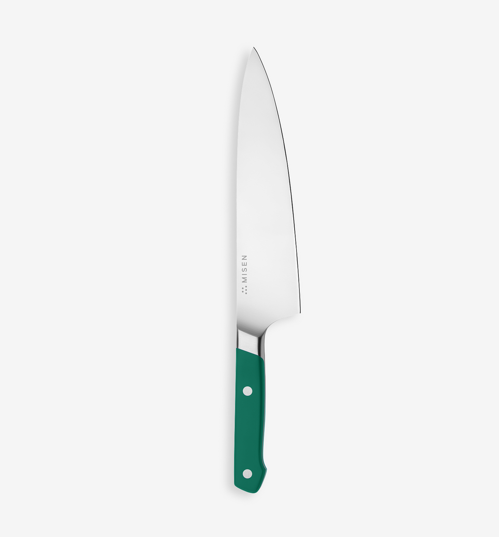 Misen chef's knife with teal green handle and stainless steel blade
