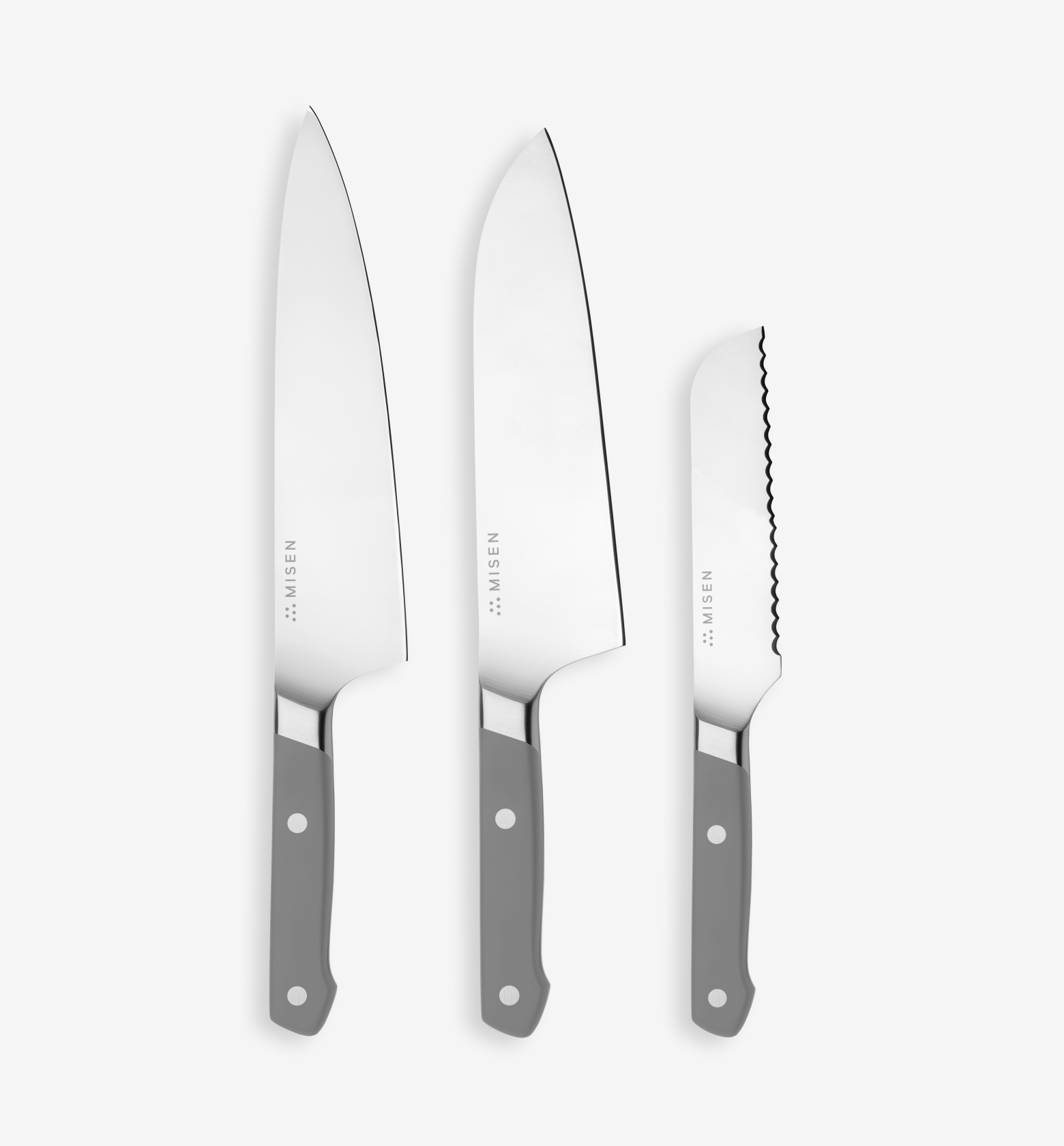 Misen 3-piece knife set with chef's knife, santoku, and serrated utility knife in gray