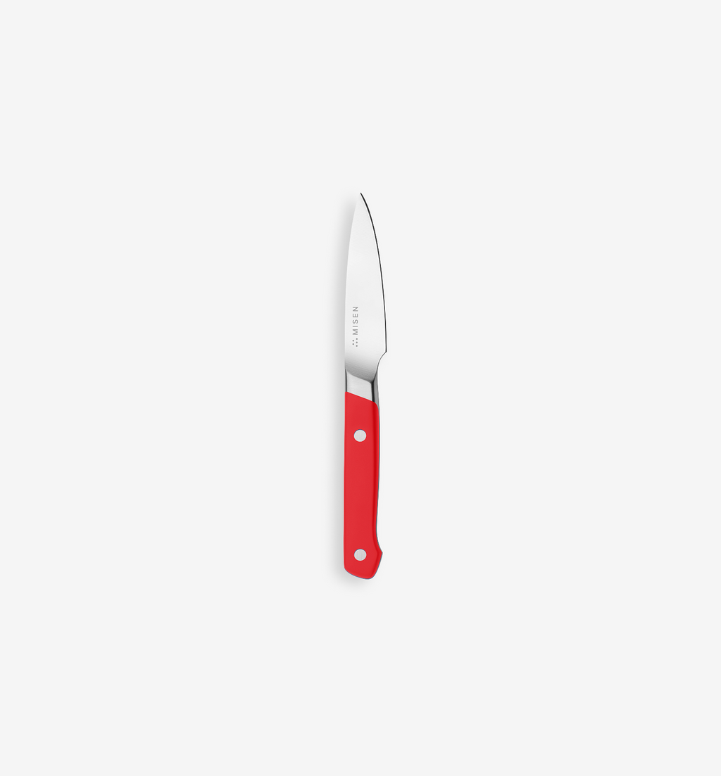 Misen paring knife with red handle and stainless steel blade