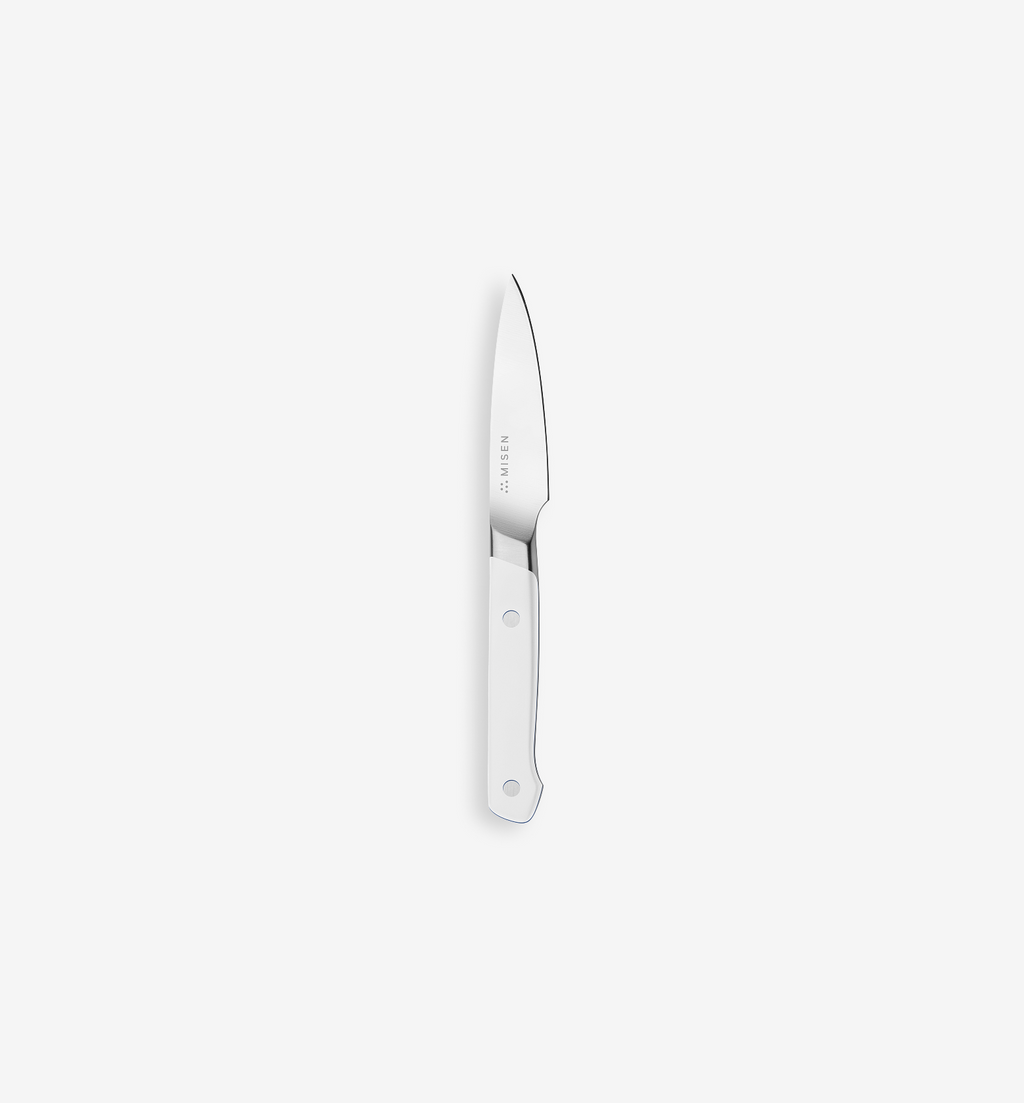 Misen paring knife with white handle and stainless steel blade