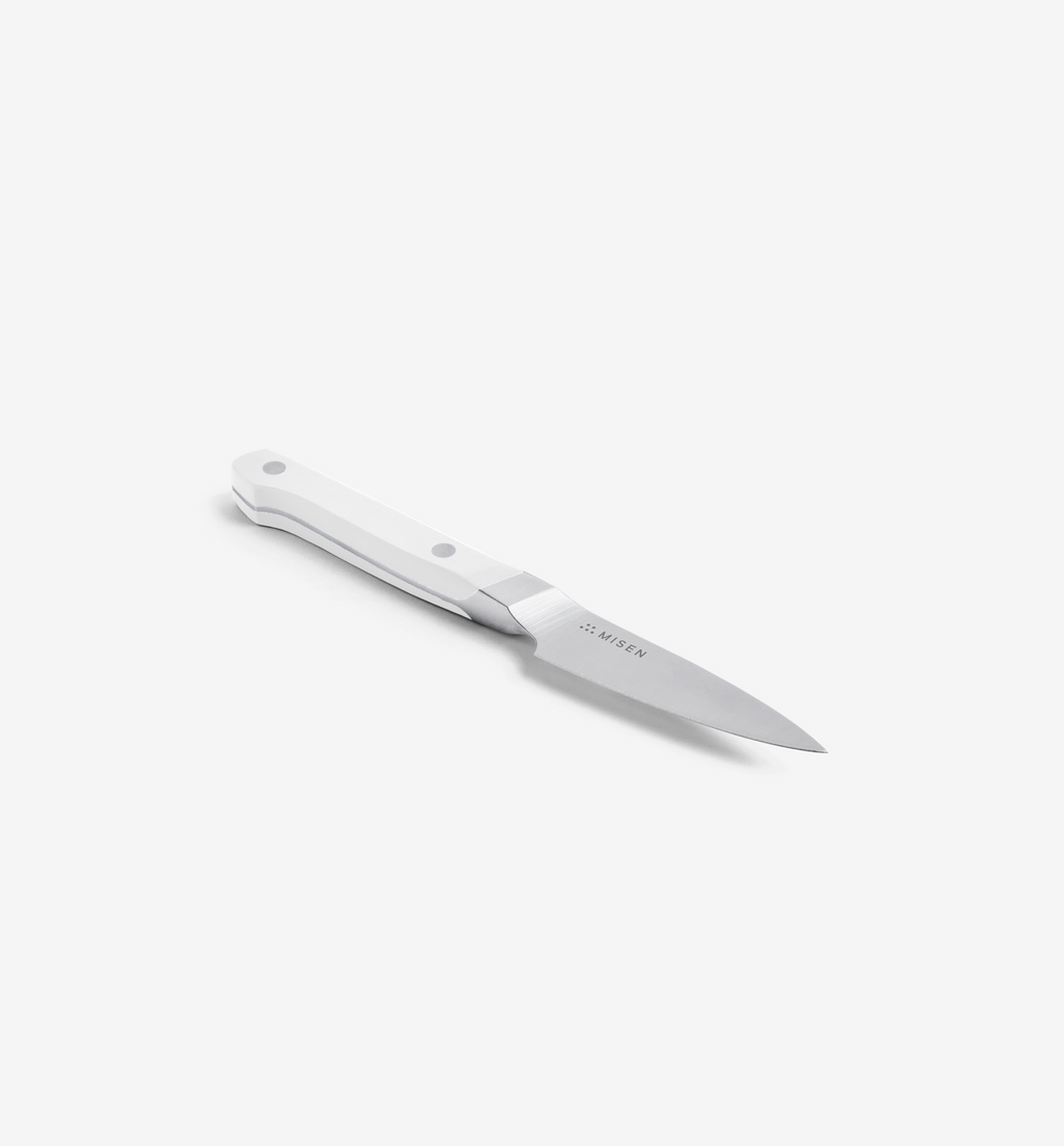 Misen paring knife with white handle and stainless steel blade