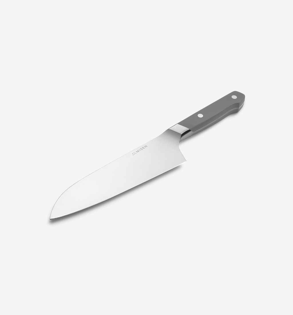 Misen santoku chef's knife with gray handle and stainless steel blade