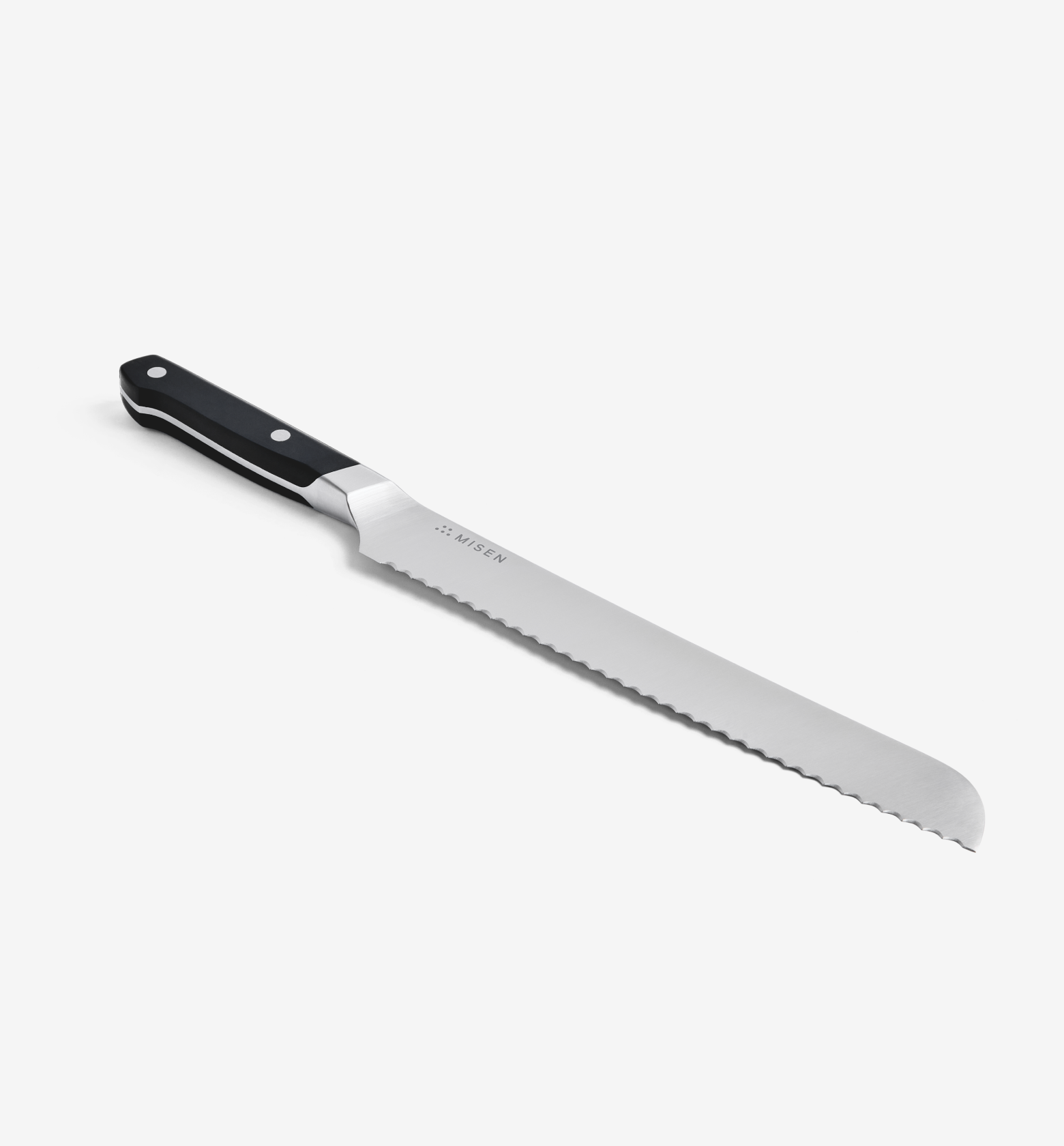 Misen serrated bread knife with black handle and stainless steel blade