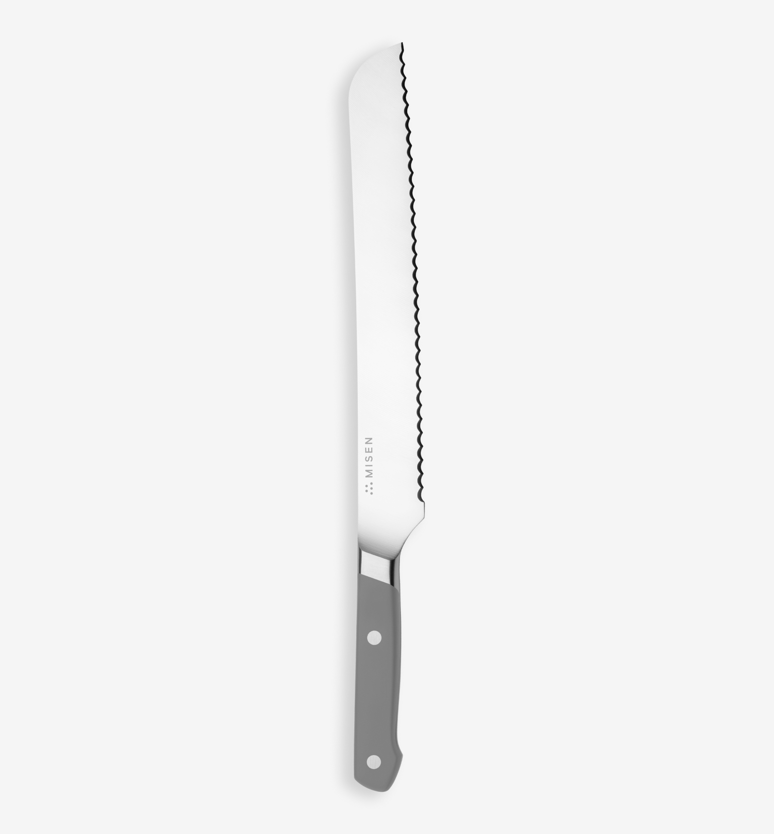Misen serrated bread knife with gray handle and stainless steel blade