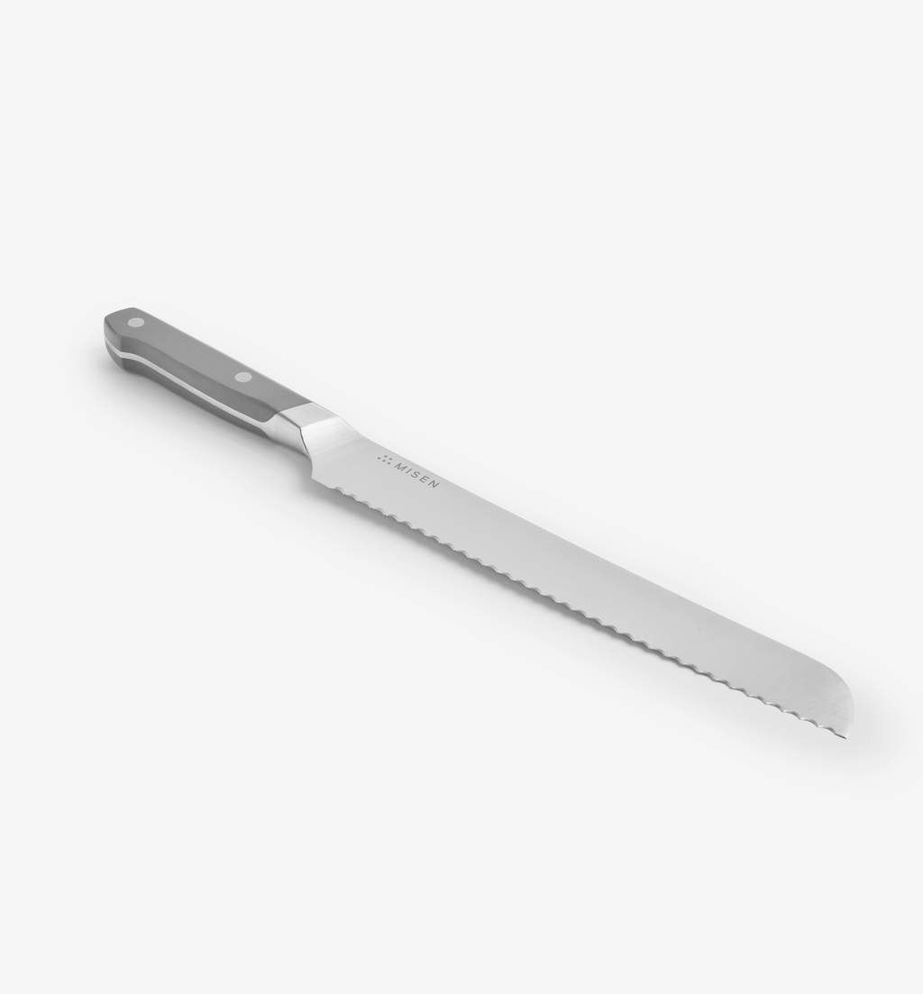 Misen serrated bread knife with gray handle and stainless steel blade