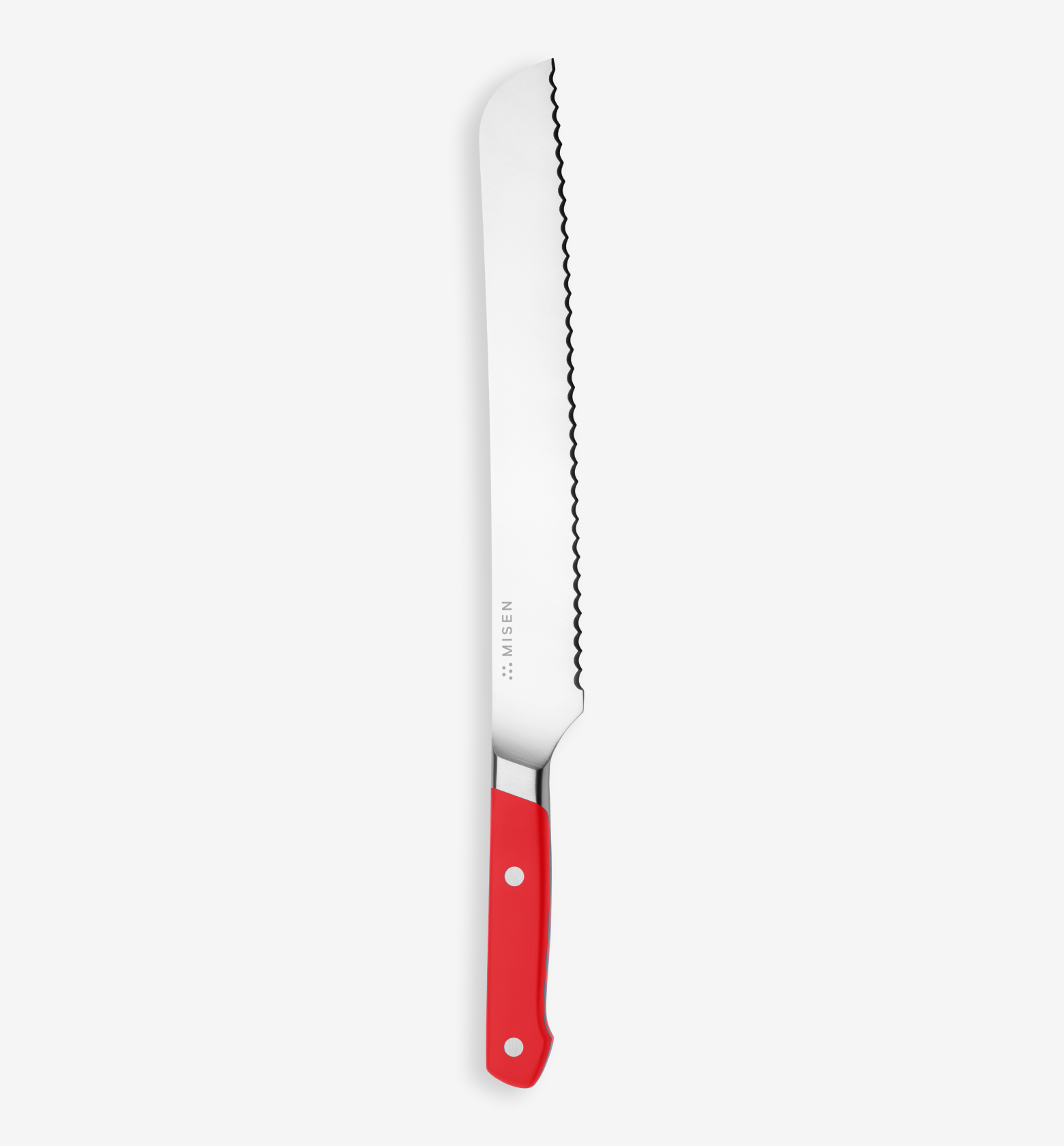 Misen bread knife with serrated blade and red handle
