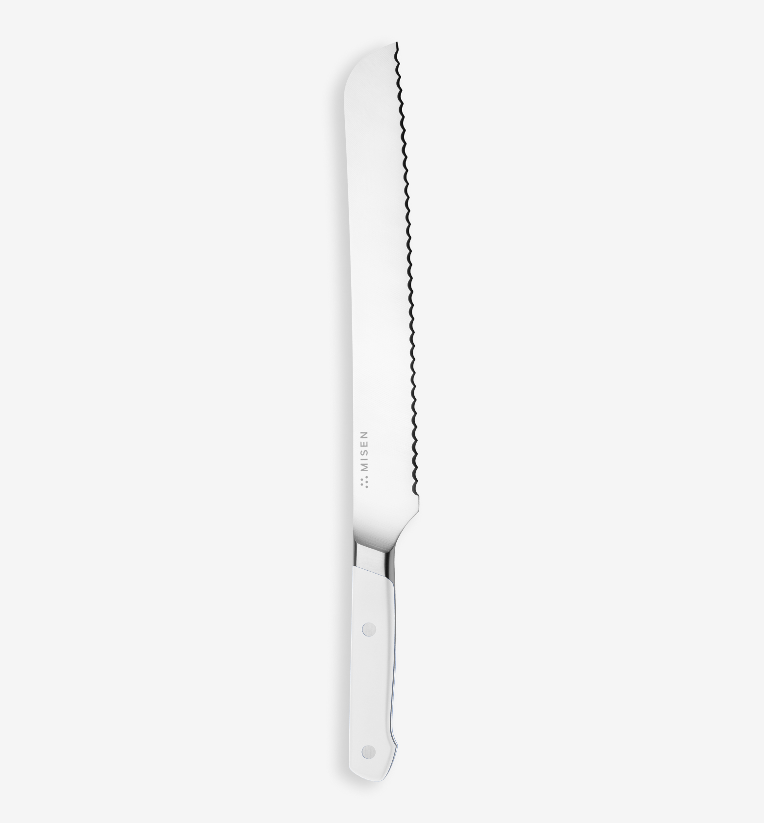 Misen serrated bread knife with white handle and stainless steel blade