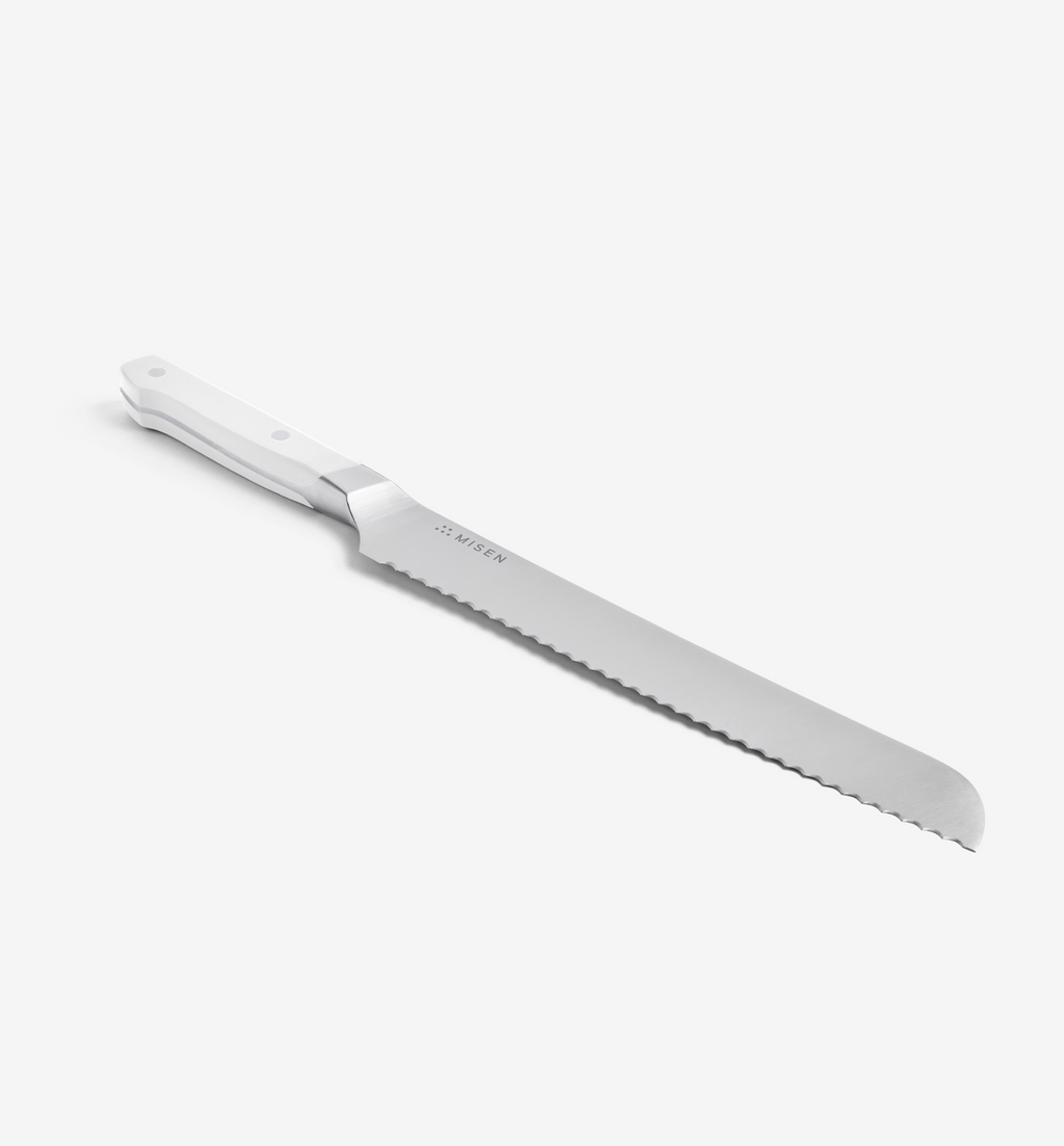 Misen serrated bread knife with white handle and stainless steel blade