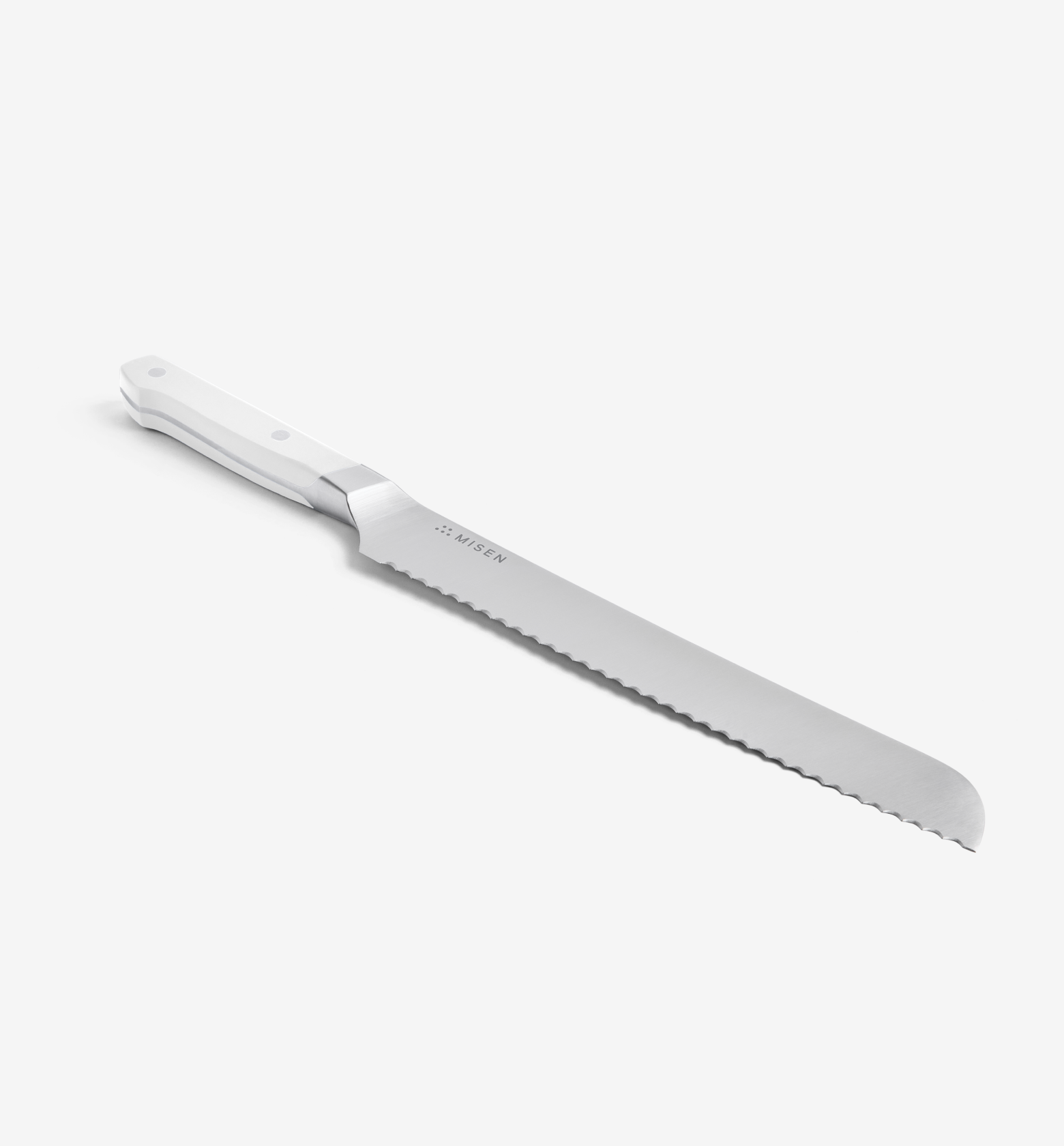 Misen serrated bread knife with white handle and stainless steel blade