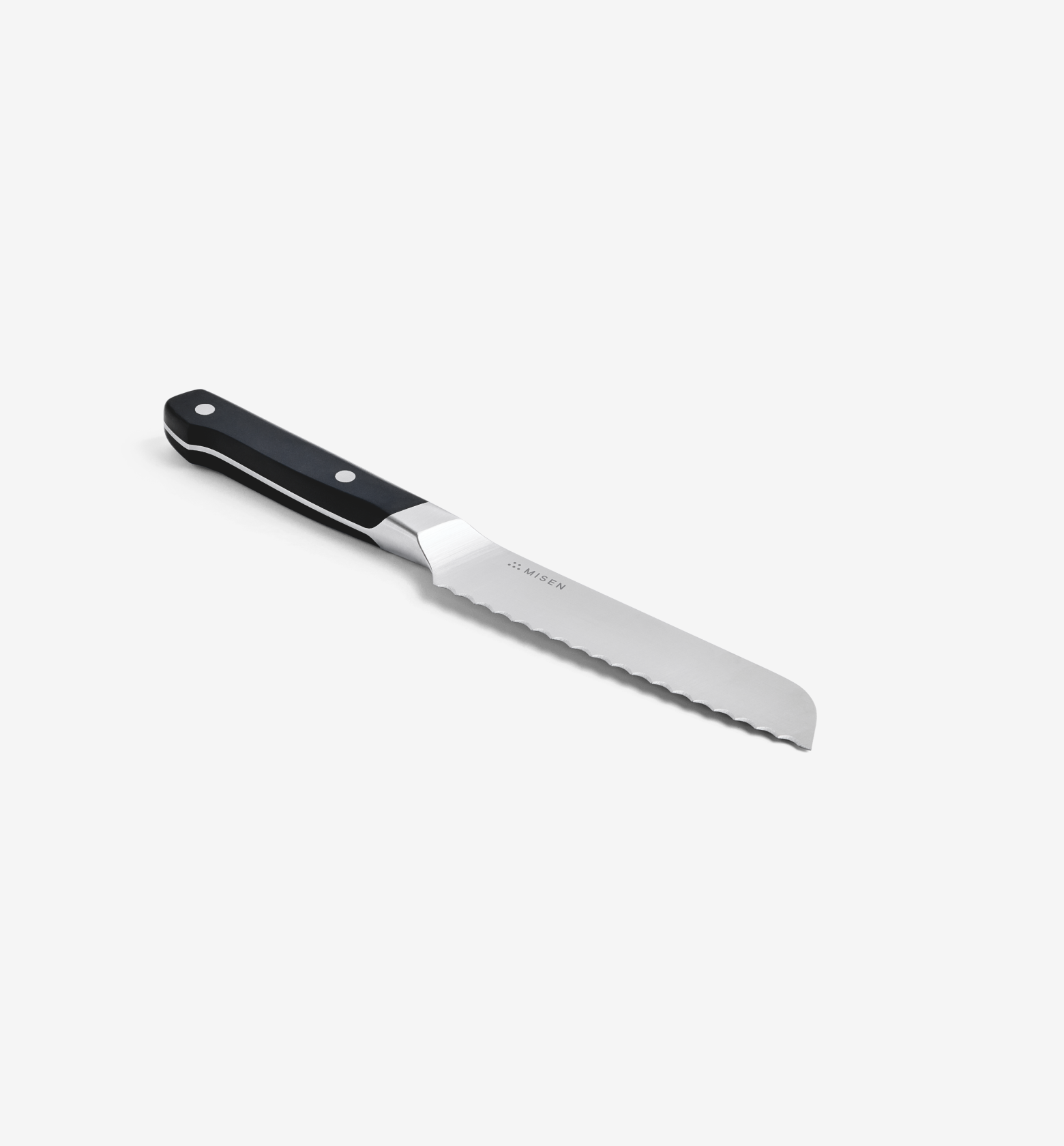 Misen serrated bread knife with black handle and stainless steel blade