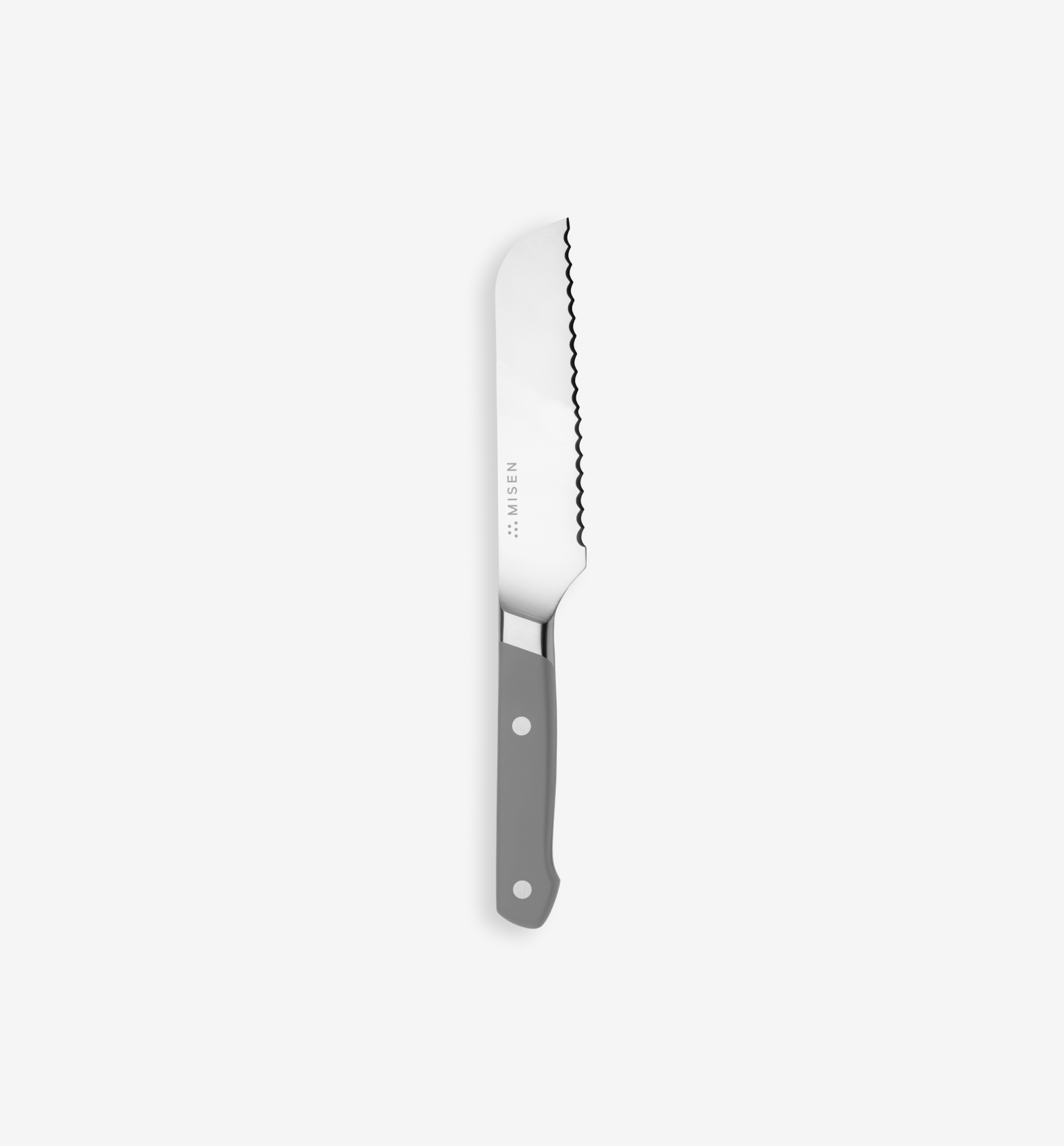 Misen serrated bread knife with gray handle and stainless steel blade