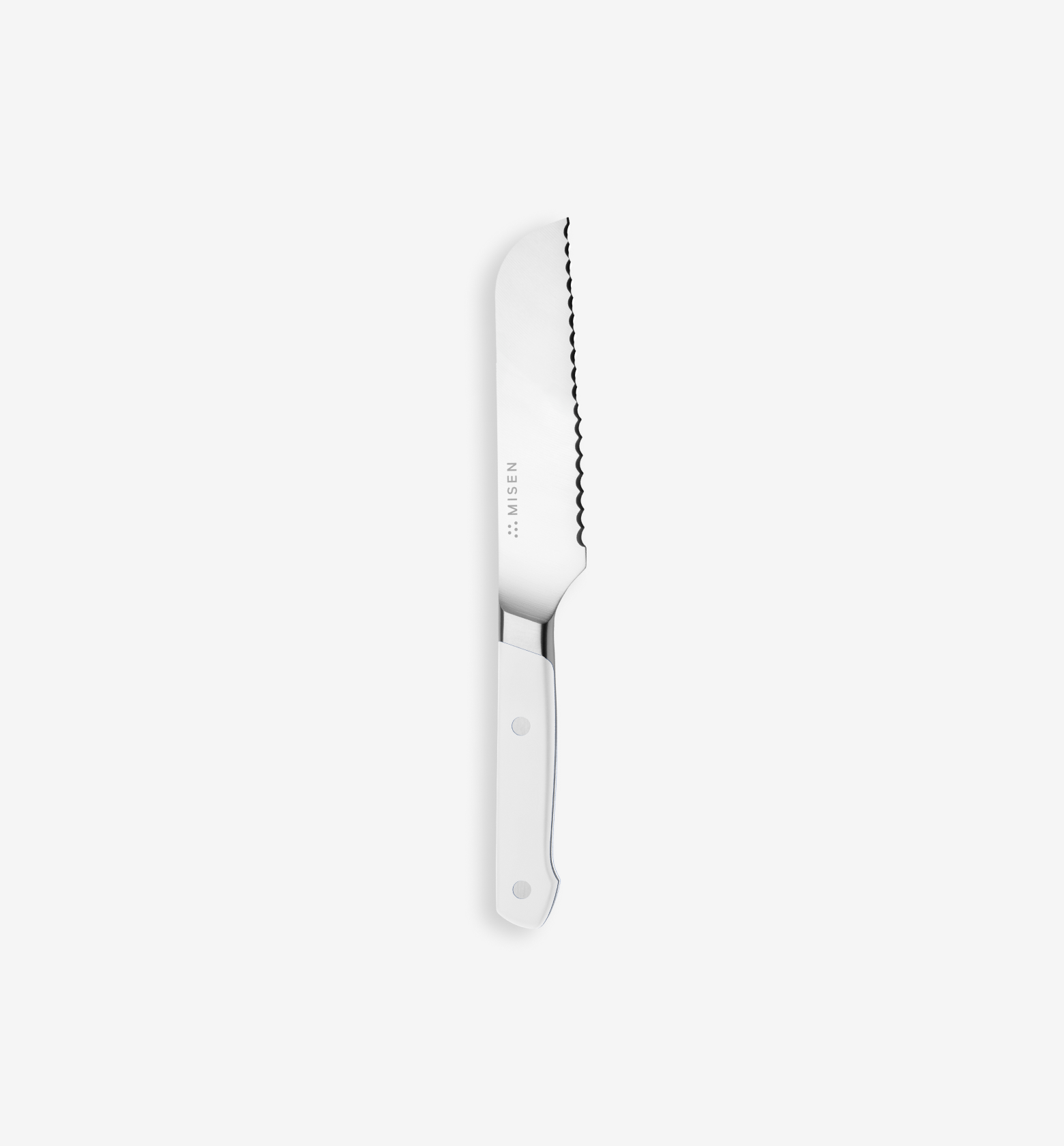 Misen serrated bread knife with white handle and stainless steel blade