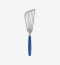 Stainless steel slotted fish spatula with blue silicone handle