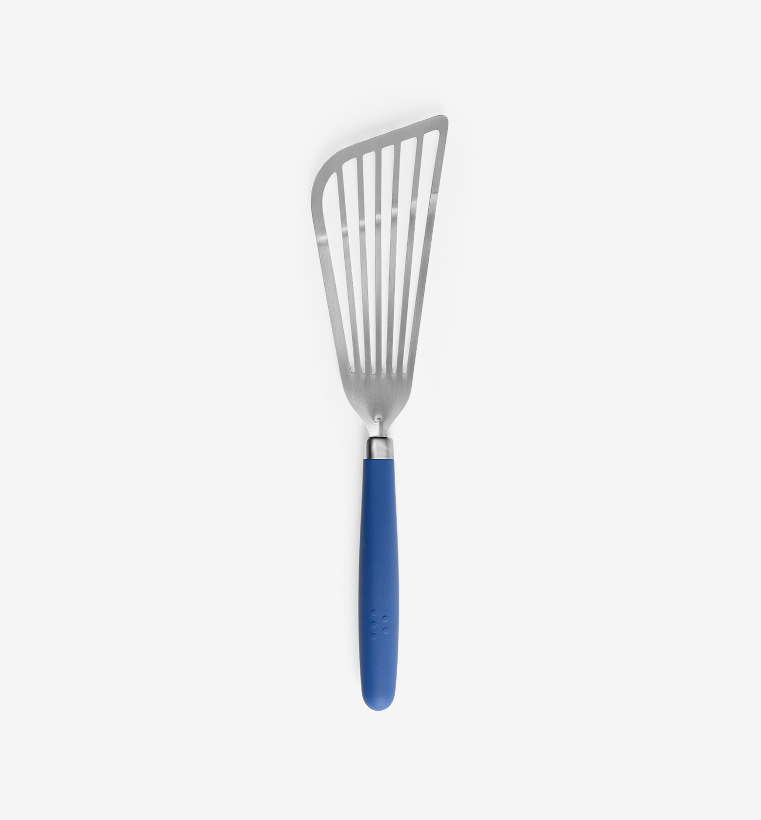 Stainless steel slotted fish spatula with blue silicone handle