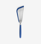 Slotted fish spatula with blue silicone handle and stainless steel blade