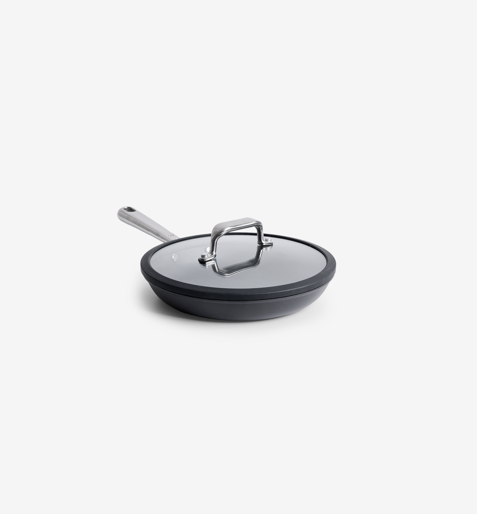 Hard-anodized nonstick frying pan with glass lid and stainless steel handle