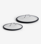 Glass cookware lids with silicone rim and stainless steel handle, set of two sizes