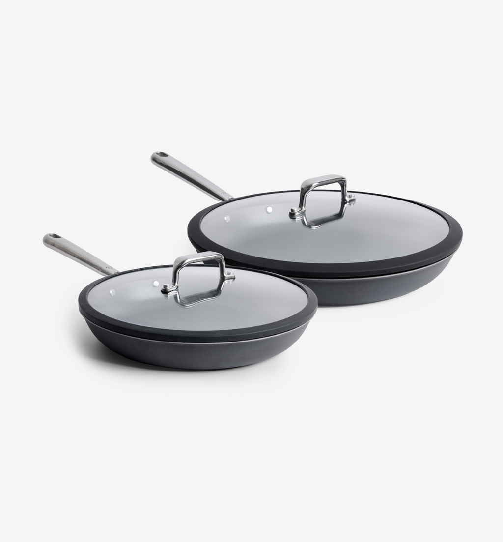 Hard-anodized nonstick frying pan set with glass lids and stainless steel handles, 2-piece