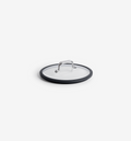 Glass pan lid with stainless steel handle and black silicone rim