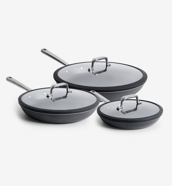 3-piece nonstick ceramic cookware set with glass lids in dark gray
