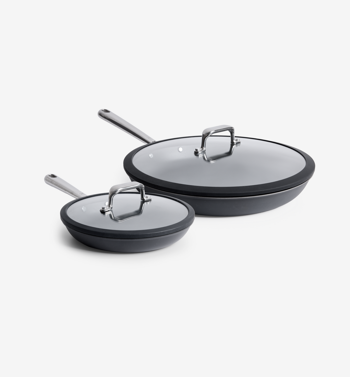Hard-anodized nonstick skillet set with glass lids in two sizes