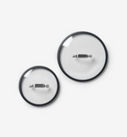Glass cookware lids with black rim and stainless steel handle, set of two sizes
