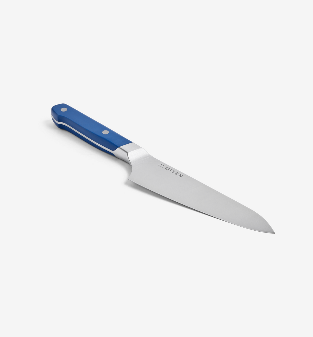 Misen chef's knife with blue handle and stainless steel blade