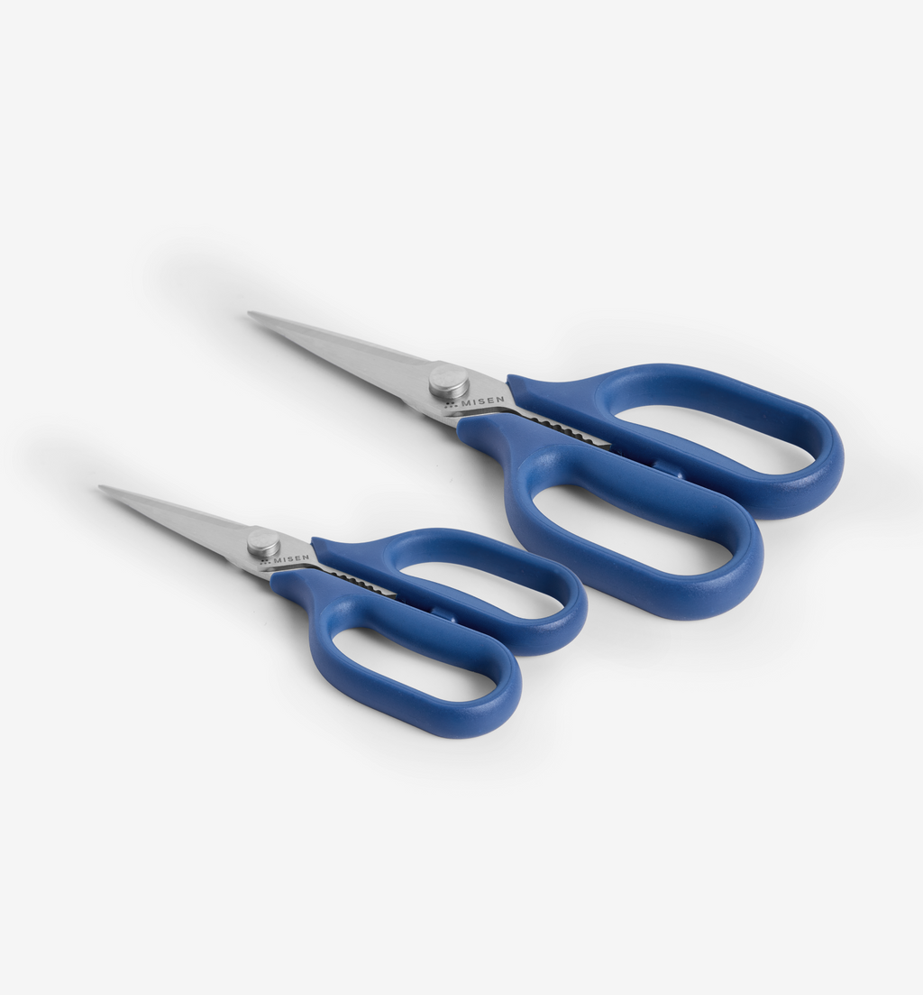 Misen kitchen scissors set with blue handles, large and small stainless steel shears
