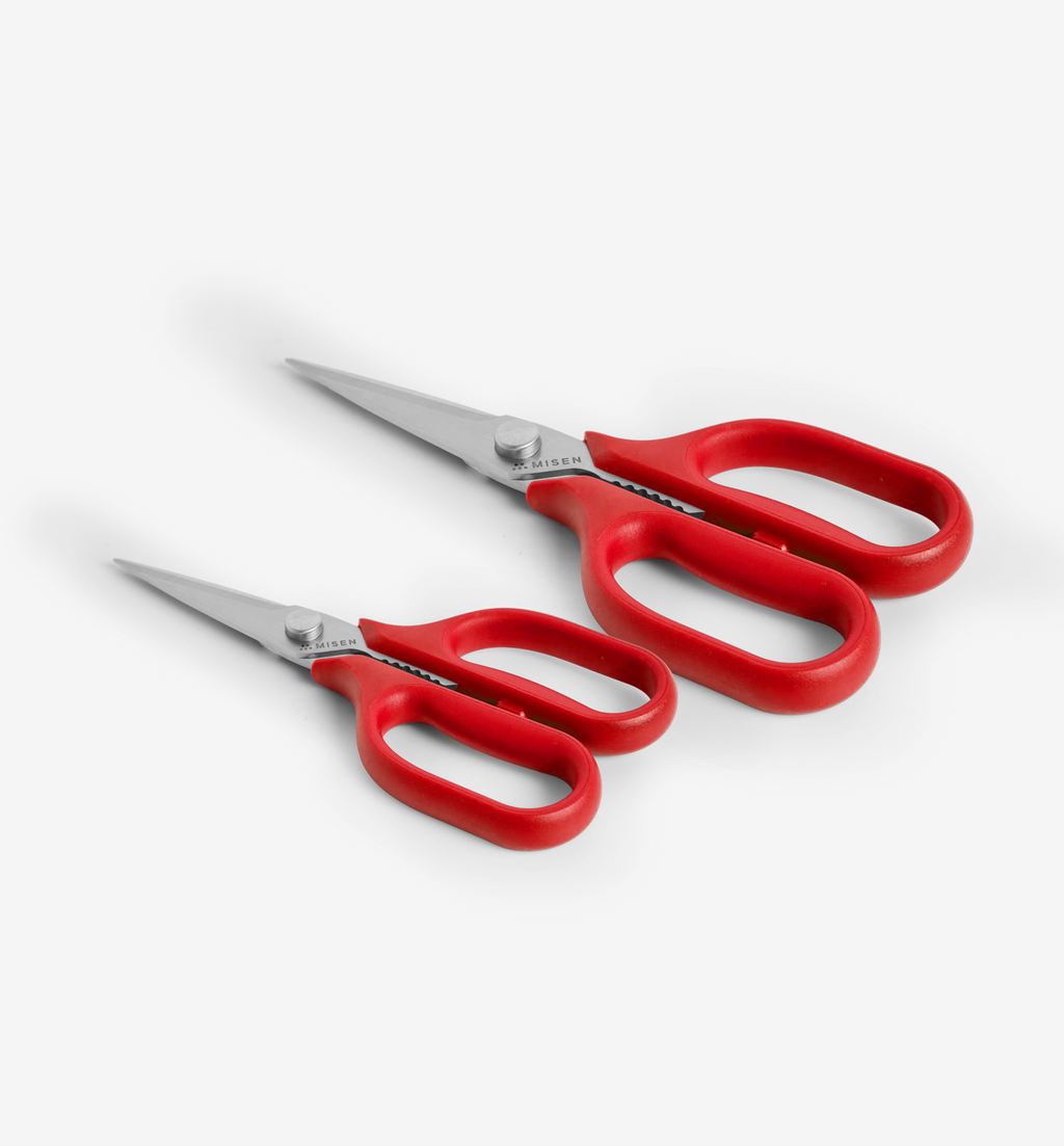 Misen kitchen scissors set with red handles, large and small stainless steel shears