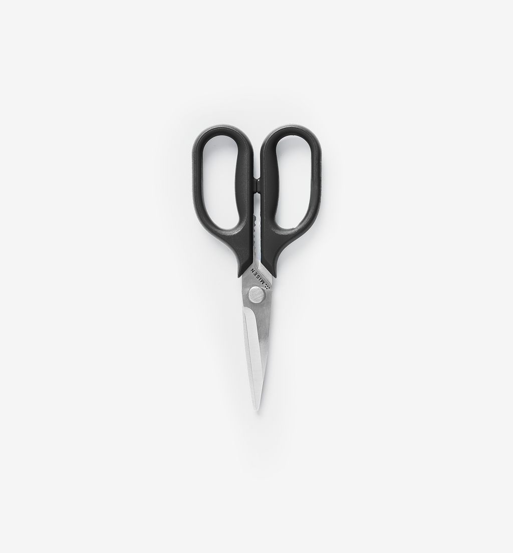 Misen kitchen scissors with black handles and stainless steel blades