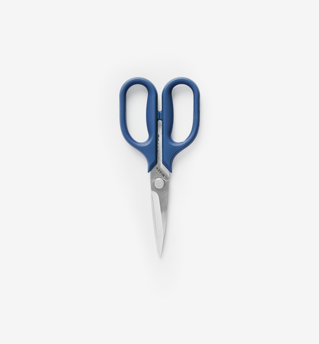 Misen kitchen shears with blue handles and stainless steel blades