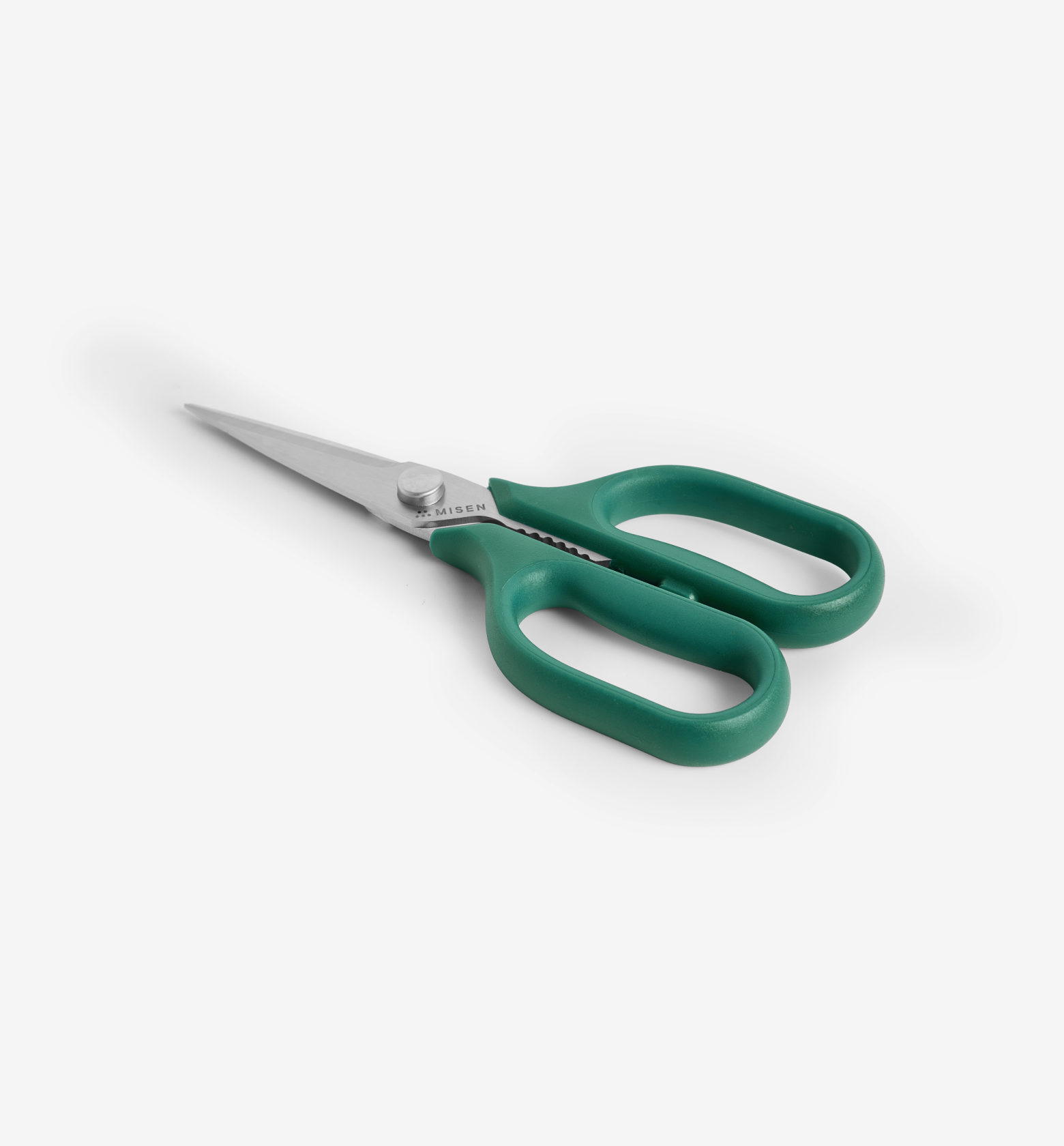 Misen kitchen shears with green handles and stainless steel blades