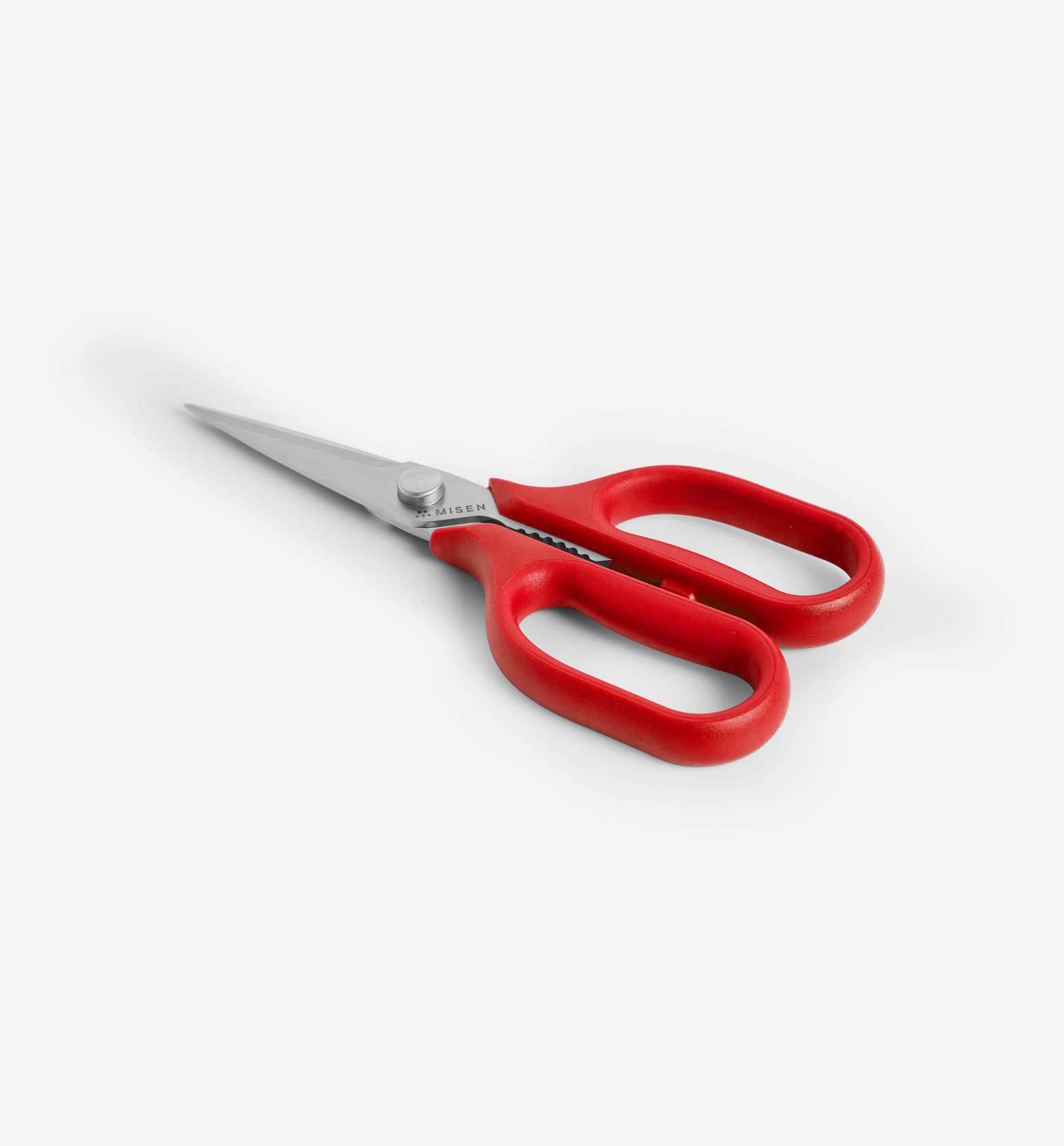 Misen kitchen shears with red handles and stainless steel blades