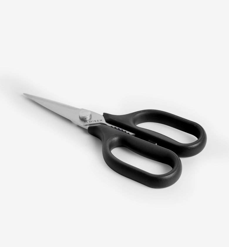Misen kitchen scissors with black handles and stainless steel blades