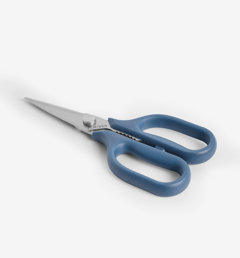 Misen kitchen scissors with blue handles and stainless steel blades