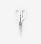 Misen kitchen scissors with white handles and stainless steel blades