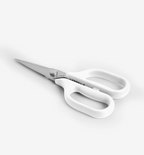 Misen kitchen scissors with white handles and stainless steel blades