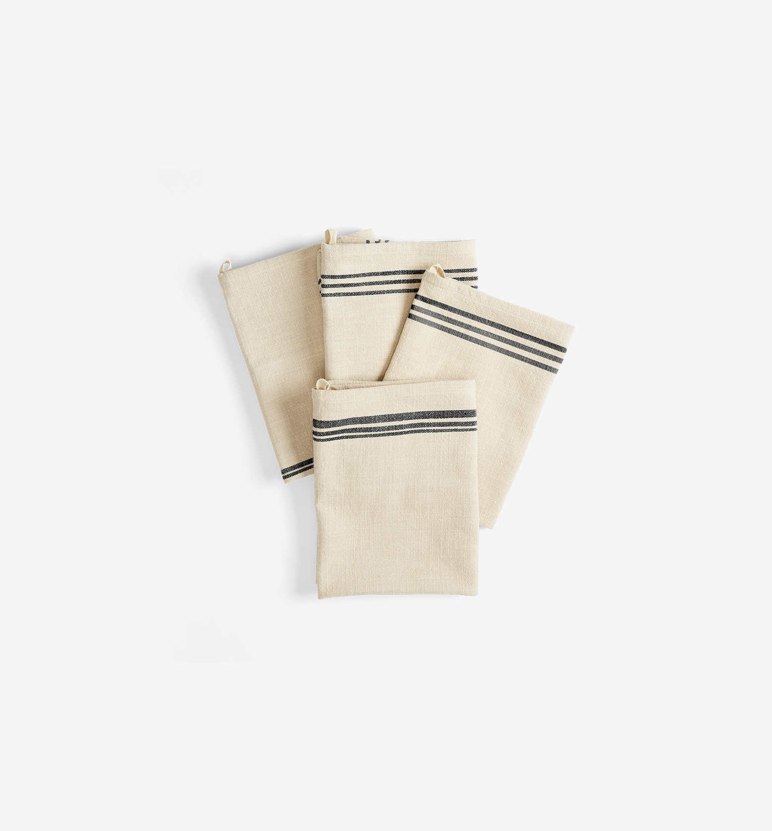 Cream linen kitchen dish towels with black stripes, set of four folded