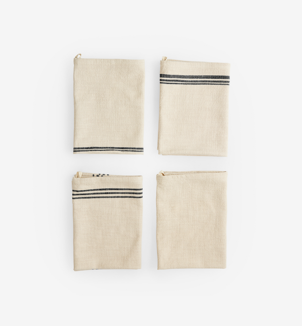 Set of 4 natural linen kitchen towels with black stripe detail
