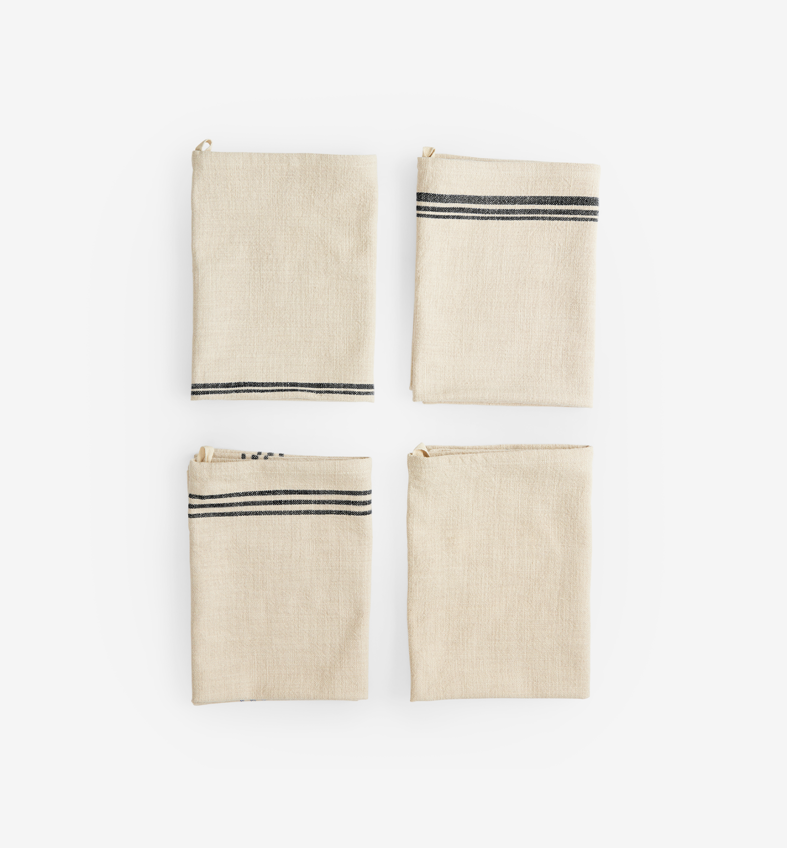 Set of 4 natural linen kitchen towels with black stripe detail