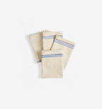 Cream linen kitchen dish towels with blue stripes, set of four folded