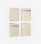 Set of four folded linen kitchen towels with blue stripe detail
