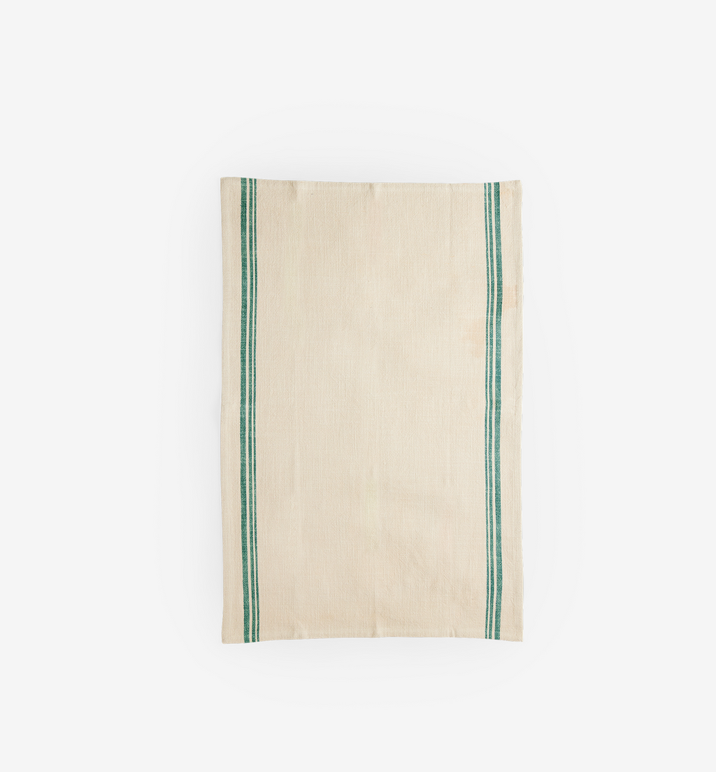 Cream linen tea towel with green stripe border